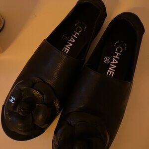 Chanel Black Leather Flats with Camellia Design